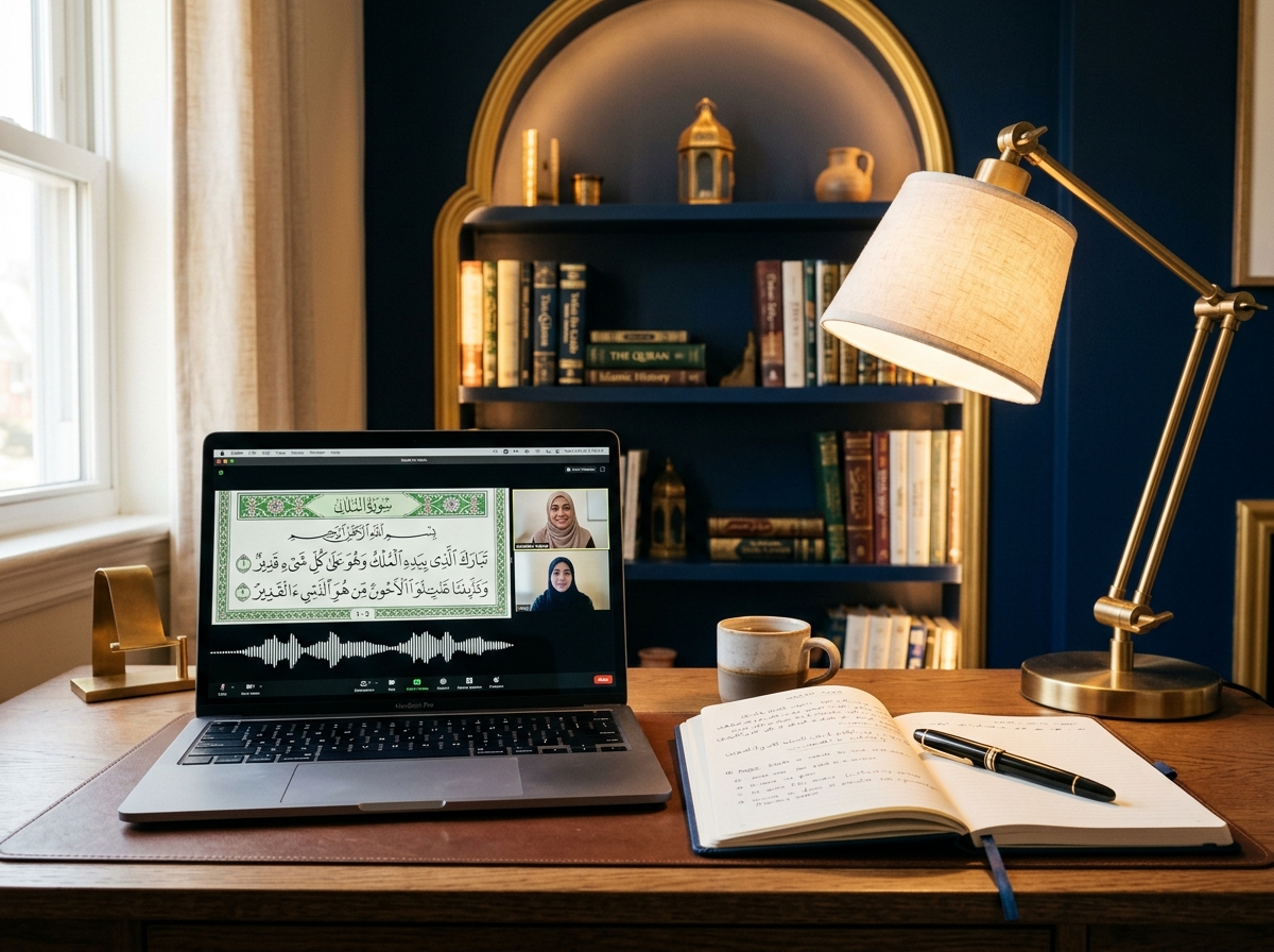 Online Quran class setup with laptop showing Islamic tutoring lesson, notebook, and study desk